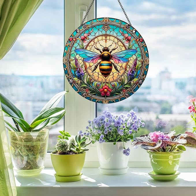 Bee Window Hangings Decor - Acrylic Sun Catcher Ornaments with Hook & Chain,Art SunCatcher Pendant for Gifts Indoor Outdoor Home Wall Living Room Spring Summer Decoration (Colorful Bee)