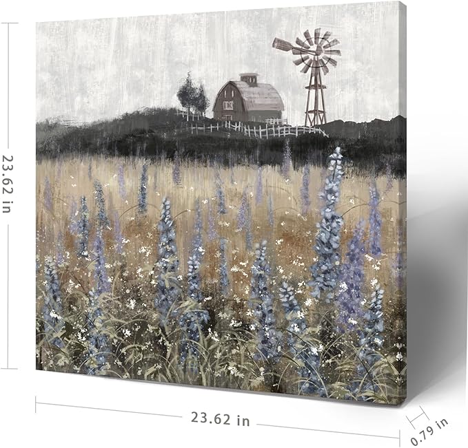 Farmhouse Wall Art for Living Room Classical Scenery Canvas Print Rustic Countryside Wildflower Field Landscape Nature Wilderness Meadow Picture Vintage Windmill Barn Painting Framed Artwork 24x24inch