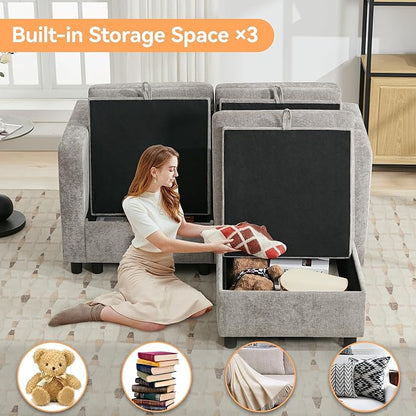58”Modular Sectional Loveseat Sofa with Storage, Comfy Office L Shaped Sofa Couch, Chenille Love Seat Modular Sectional Couch with Movable Ottoman for Living Room, Bedroom, Light Grey