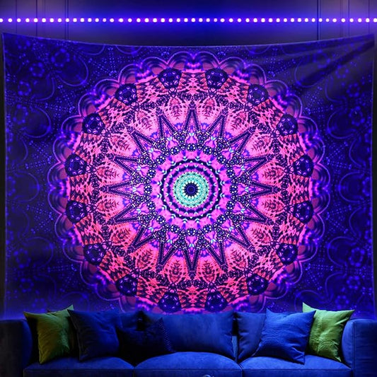 ADDWel Blacklight Mandala Boho Tapestry Glow In The Dark, Black Light Bohemian Hippie Poster Wall Hanging for Bedroom Aesthetic Wall and Room Decor (50" x 60", Mandala)