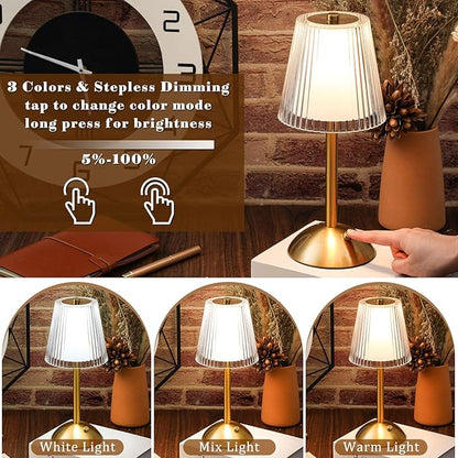 Liliful 2 Pcs Cordless Table Lamp Rechargeable Touch LED Small Gold Portable Battery Operated USB-c Desk Lamp 3 Color Dimmable for Bedroom Living Room Dining (Gold,Hollow Lined Style)