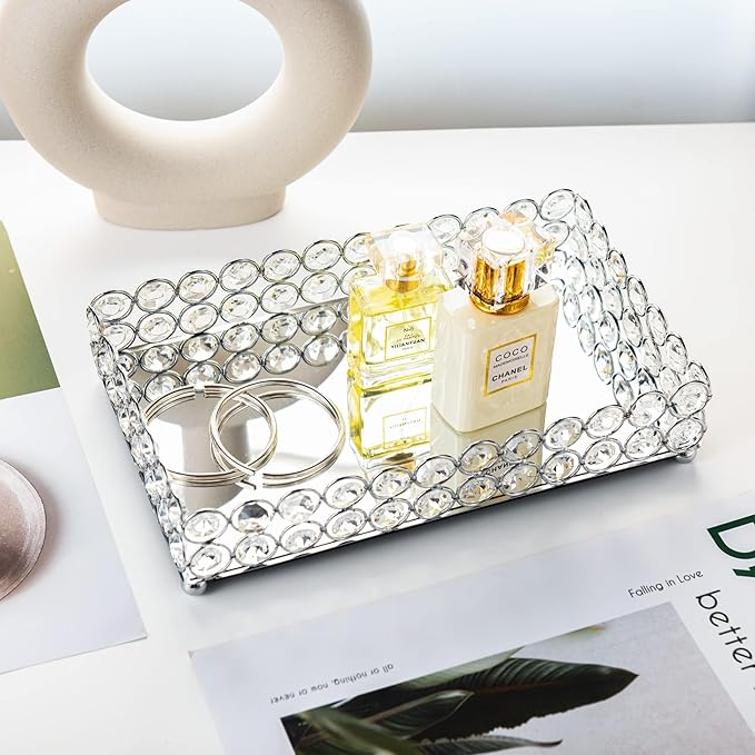 Feyarl Crystal Perfume Tray Cosmetic Makeup Vanity Tray Jewelry Trinket Rings Earrings Organizer Decorative Tray Storage for Home Deco Wedding Dresser Tabletop Girl Women Gift(10" x 6 "Silver)