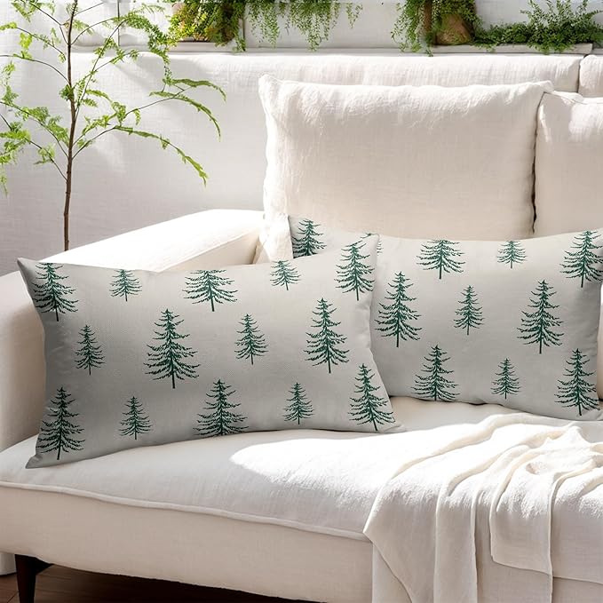 Christmas Tree Lumbar Pillow Covers 12x20 Set of 2 Green Xmas Vintage Winter Print Decorative Outdoor Linen Throw Pillows Cases Cushion Cover Rustic Holiday Decoration Farmhouse Sofa Couch Bed Decor
