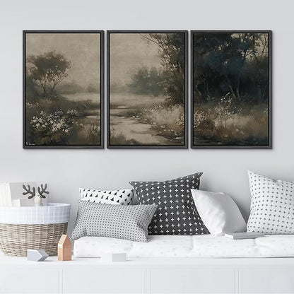 MUDECOR Framed Wall Art Print Set Vintage Landscape Subtle Forest and River in Earthy Tones Illustrations Modern Art Boho Decorative Colorful Chic for Living Room, Bedroom, Office - 24"x36"x3 Black