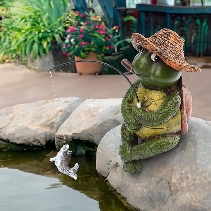 9.5" Turtle Fishing Sculptures & Statues, Whimsical Yard Art, Funny Pond Fisherman, Cute Outdoor Ornament, Unique Gift for Turtle Fishing Lovers