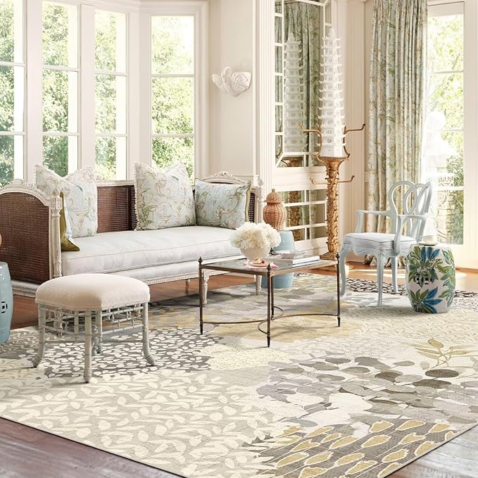 DEXDE 5x7 Area Rugs, Washable Non-Slip Abstract Boho Soft Rug for Living Room Bedroom,Leaves Floral Print Large Carpet for Entryway Playroom Office, Gray