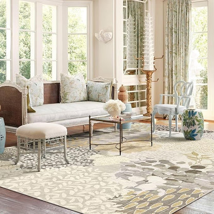 DEXDE 5x7 Area Rugs, Washable Non-Slip Abstract Boho Soft Rug for Living Room Bedroom,Leaves Floral Print Large Carpet for Entryway Playroom Office, Gray
