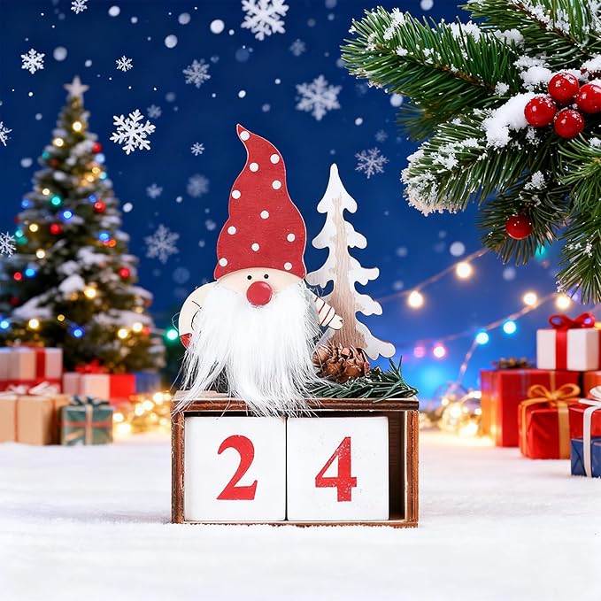 Christmas Wooden Countdown Calendar with Number Blocks – Santa Gnome Tabletop Advent for Christmas and Everyday Use | Holiday & Daily Decoration for Home, Office, Classroom (Red)