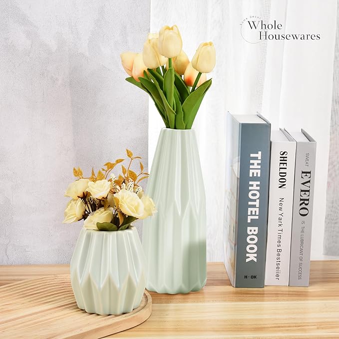 WHOLE HOUSEWARES Ceramic Vases for Decor, Set of 3 - Modern Decorative Accent for Living Room - Pastel Colored Flower Vase with Minimalist Style - Features Round Mouth and Delicate Glazed Lines