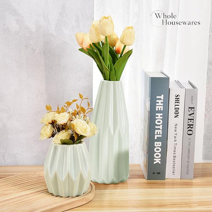 WHOLE HOUSEWARES Ceramic Vases for Decor, Set of 3 - Modern Decorative Accent for Living Room - Pastel Colored Flower Vase with Minimalist Style - Features Round Mouth and Delicate Glazed Lines