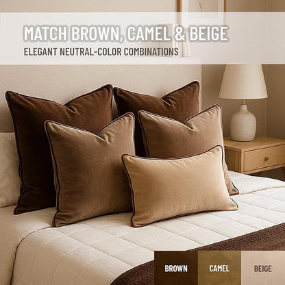 2 Pack Velvet Decorative Throw Pillow Covers, 18"x18", Brown and Camel, Solid, Modern, Contrast Piping, Indoor Use, Bedroom & Living Room
