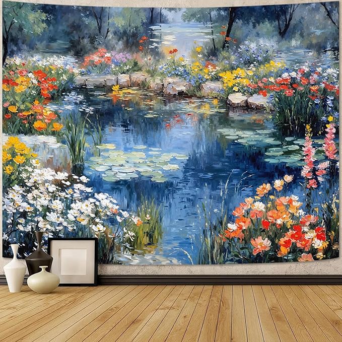 kampdream Scenery Tapestry, Colorful Flower Pond Landscape Wall Hanging, Nature Home Decor for Bedroom and Living Room Aesthetic Wall Art Decoration