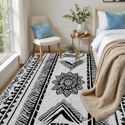 Area Rugs Moroccan for Living Room 8x10, Washable Non-Slip Boho Rug, Neutral Farmhouse Soft Carpet for Bedroom, Kitchen, Dining Room, Entryway, Geometric Print Tribal Carpets, Black and White