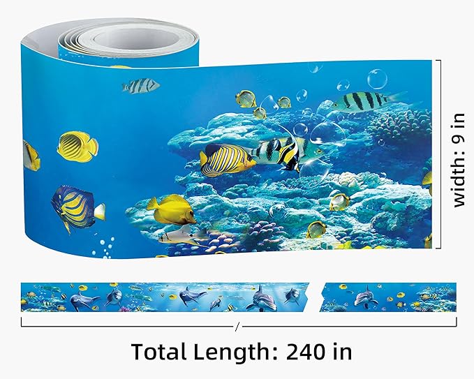 FLFK Peel and Stick Wallpaper Border Wall Decals for Kids Room - Under The Sea Fish Stickers Murals, 9" x 240" (Blue)