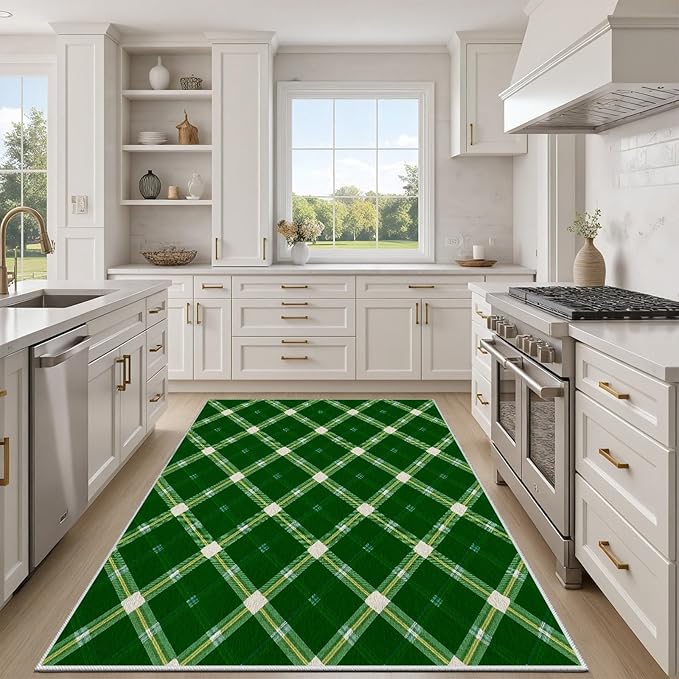Plaid Rug - 8x10 Rug for Living Room, Geometric Stripes Soft Neutral Indoor Floor Carpet, Non-Slip Stain Resistant Modern Washable Rugs for Bedroom, Green Area Rugs