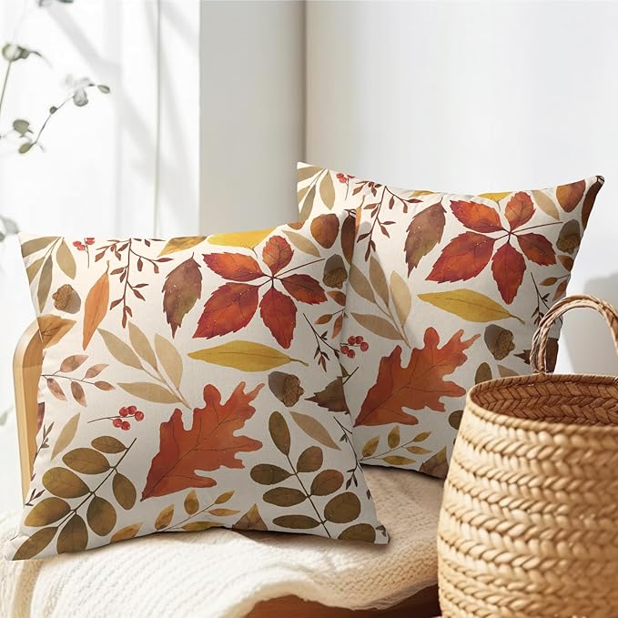 Fall Leaf Pillow Covers 22x22 Set of 2 Brown Beige Maple Leaves Autumn Harvest Throw Pillow Cases with Zipper Outdoor Decorative Cushion Cover Rustic Decoration Farmhouse Home Sofa Couch Bed Decor