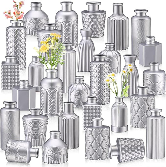 Yaomiao 30 Pcs Vases Bulk Colored Flower Glass Christmas Vases Bud Vintage Colored Glass Bottles Colorful Rustic Embossed for Home Wedding Table Decorations Gifts(Silver Series)