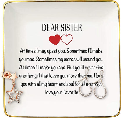 Topthink Friendship Gift for Woman-Birthday Graduation New Year Christmas Gifts for Sis, Soul Sis, Sister in Law,Best Friend,BFF-Dear Sister-Ceramic Jewelry Holder Ring Dish Trinket Tray