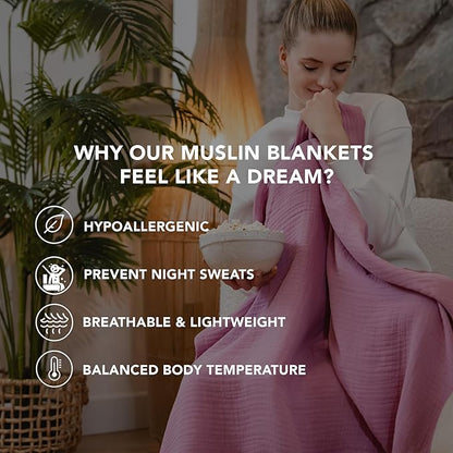 Goqan Throw Blanket 55x60 – 100% Turkish Cotton 4 Layer Boho Muslin Blanket for Adults, Four Season Blanket Lightweight and Thin, Soft, Breathable for Bed, Couch, Picnic - Pink