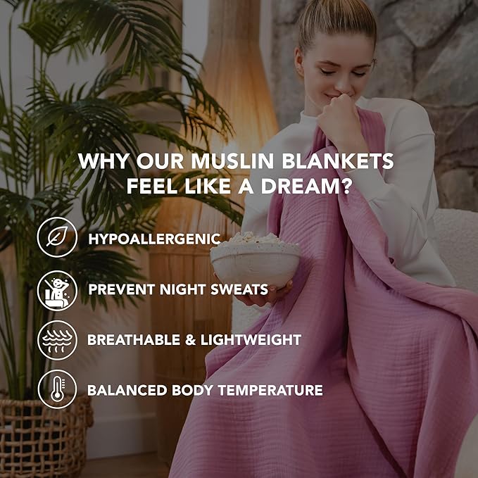Goqan Muslin Blanket King Size 90x108 – 100% Turkish Cotton 4 Layer Boho Muslin Blanket for Adults, Four Season, Lightweight and Thin, Soft, Breathable for Bed, Couch - Pink