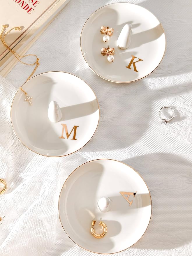 Ceramic Initials Jewelry Tray Ring Dish With Personalized C-Monogrammed Engagement Wedding Gifts, for Birthday Mother's Day for Women, Ceramic White 4.7" x2.4"