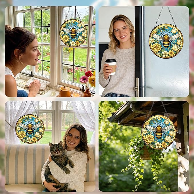 Rngmsi Bee Stained Glass Window Hanging, 7.8″ Flower Sun Catchers with Hook Indoor Window Decor, Decorative Suncatchers Hanging Ornaments Home Garden Art Gift for Housewarming