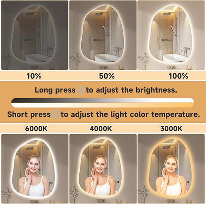 Hasipu Irregular Wall Mirror with Lights- 25"x19"Smart Vanity Mirror with Anti-Fog, 3 Color Modes,Dimmable Light, Memory Function, Backlit Wall Mount, Horizontal/Vertical