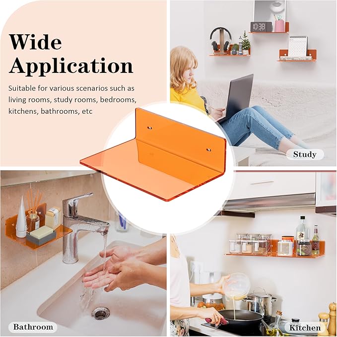 Sezanrpt 9 Inch Orange Wall Shelves, Acrylic Wall Mounting Ledges Display, Acrylic Display Wall Shelf for Funko Pop Figures, Collectibles, Plants, Décor, Toiletries, Spices, 2 Pack