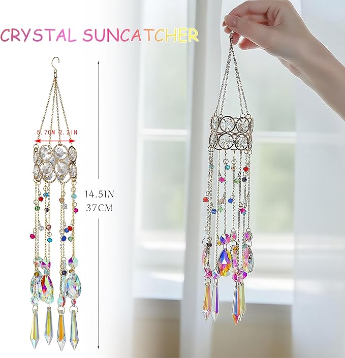 HDCRYSTALGIFTS 14.5'' Length Crystal Suncatchers, Hanging Crystals Sun Catcher with Colorful Beads Chain Rainbow Maker for Window Indoor Outdoor Home Office Garden Decoration