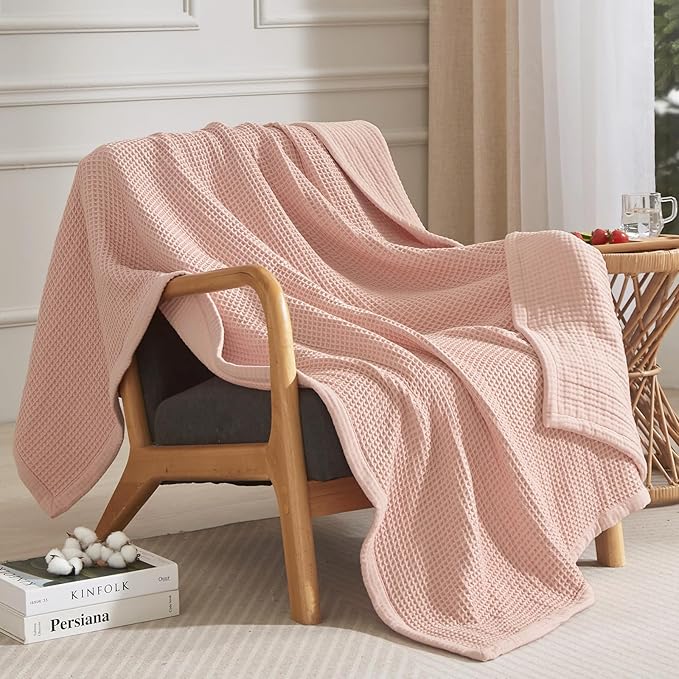 PHF 100% Cotton Waffle & Muslin Throw Blanket Large, Soft Breathable Luxury 400GSM Versatile Reversible Bedding for Couch, Great for Layering in Cold Weather, Home Decor Gift, 50" x 70", Rose Smoke