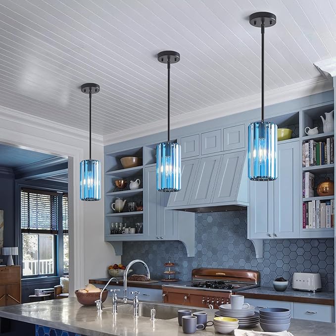 Modern Crystal Pendant Light Mini Light Blue Chandeliers Adjustable Pendant Lights Fixture for Kitchen Island Dinning Room Corridor Bedroom(Light Blue 1-Pack)