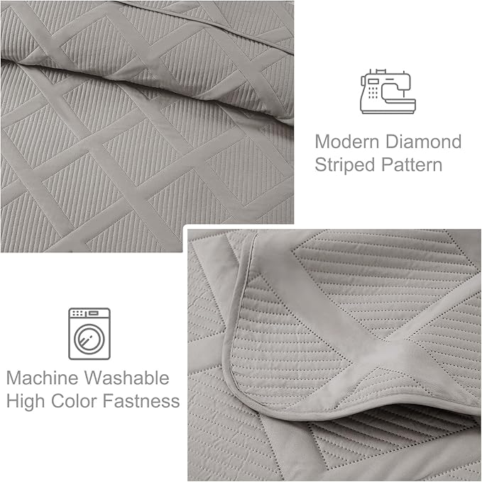 Exclusivo Mezcla Oversized King Quilt Set- Light Grey Cal King Quilts Bedding Set with 2 Pillow Shams, Modern Bedspread with Striped Pattern, Soft Lightweight Bedspreads Coverlets for All Seasons