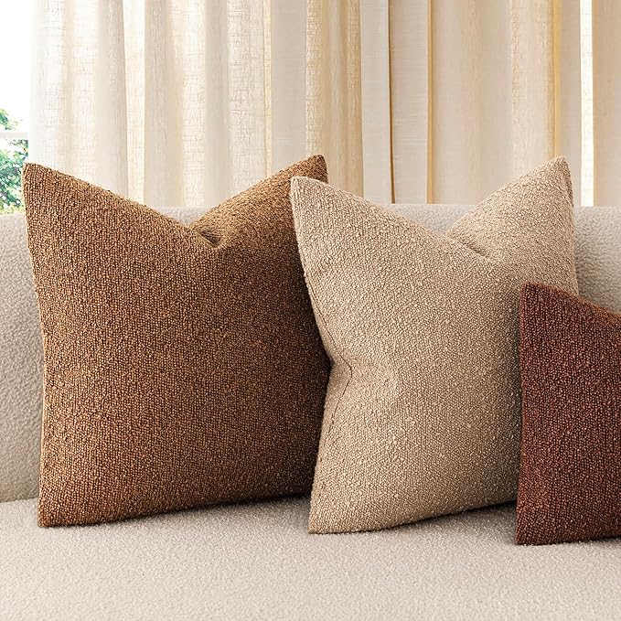 Foindtower Pack of 2 Modern Textured Boucle Throw Pillow Covers Accent Solid Decorative Pillow Cases Cozy Woven Couch Cushion Case for Chair Sofa Bedroom Living Room Home Decor 20x20 Inch Hazel Brown
