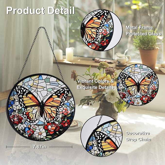 Butterfly Stained Glass Window Hanging, 7.8" Round Sun Catcher Hand Painted Wall Art Decor with Chain, Unique Housewarming Gifts for Couples, Home