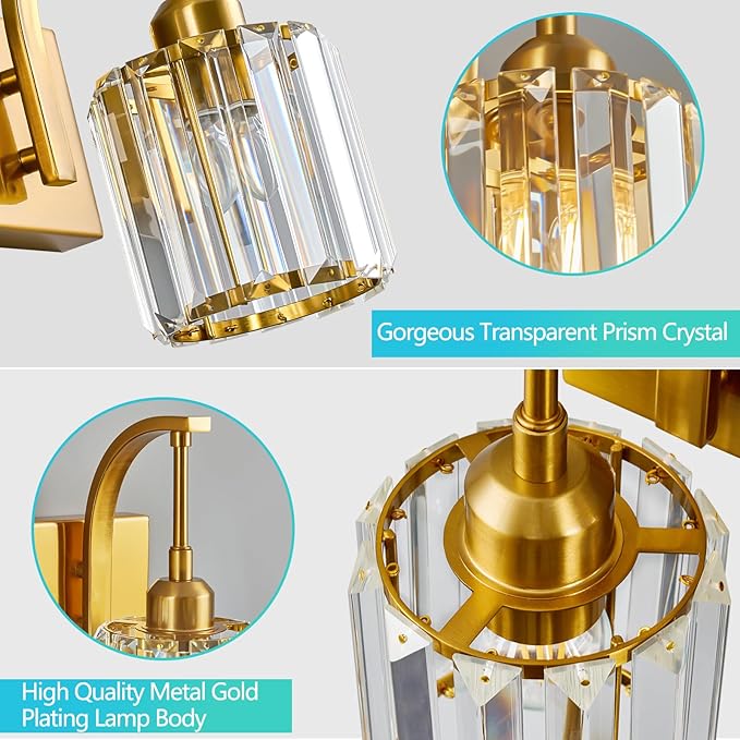 4-Light Crystal Vanity Light, Modern Gold Bathroom Wall Sconce with K9 Crystal Shades, 32.67" Long Over Mirror Lighting for Vanity, Makeup, Hallway, Elegant & Easy Install