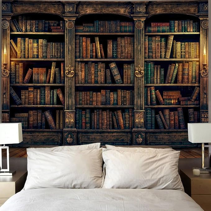 YEXIT Retro Bookshelf Wall Tapestry, Vintage Books Study Library Tapestries for College Dorm Bedroom Magic Caslte Backdrop 60×80 inch