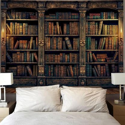 YEXIT Retro Bookshelf Wall Tapestry, Vintage Books Study Library Tapestries for College Dorm Bedroom Magic Caslte Backdrop 36×48 inch