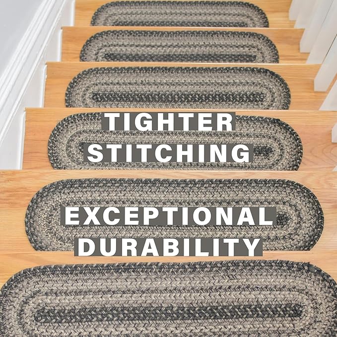 Homespice Flint Hill Jute Braided Staircase Step Treads, Warm Primitive Decor, Set of 13, Grey 8x28 Oval Rug for Stairs - Easy to Clean, Tightly Stitched and Durable
