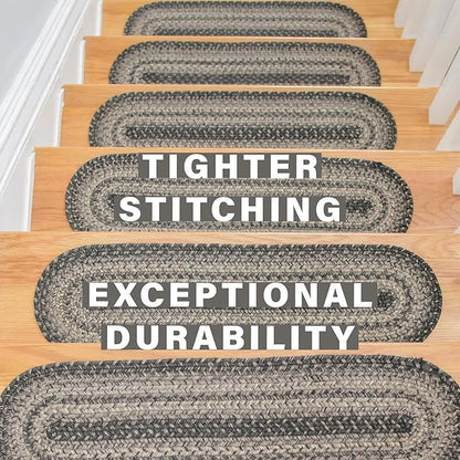Homespice Flint Hill Jute Braided Staircase Step Treads, Warm Primitive Decor, Set of 13, Grey 8x28 Oval Rug for Stairs - Easy to Clean, Tightly Stitched and Durable