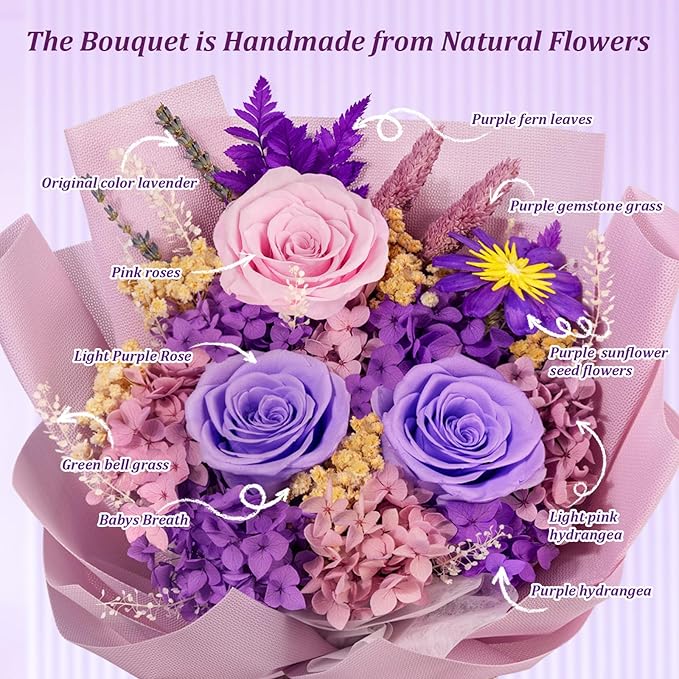 Flowers for Delivery Prime Preserved Flowers Bouquets That Last 3-5 Years Real Forever Flowers Rose Bouquet Mothers Day Gifts for Mom Anniversary Birthday Gift for Her Women Mom Grandma Wife Friends