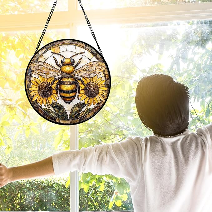 DASTOLL Stained Glass Window Hanging - Bee Sunflower Yellow Suncatcher Ready to Hang Window Doors Home Decoration and Christmas, Mother's Day Birthday Gifts for Women, Men, and Mom 9.8x9.8 in