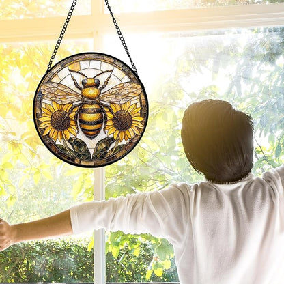 DASTOLL Stained Glass Window Hanging - Bee Sunflower Yellow Suncatcher Ready to Hang Window Doors Home Decoration and Christmas, Mother's Day Birthday Gifts for Women, Men, and Mom 9.8x9.8 in