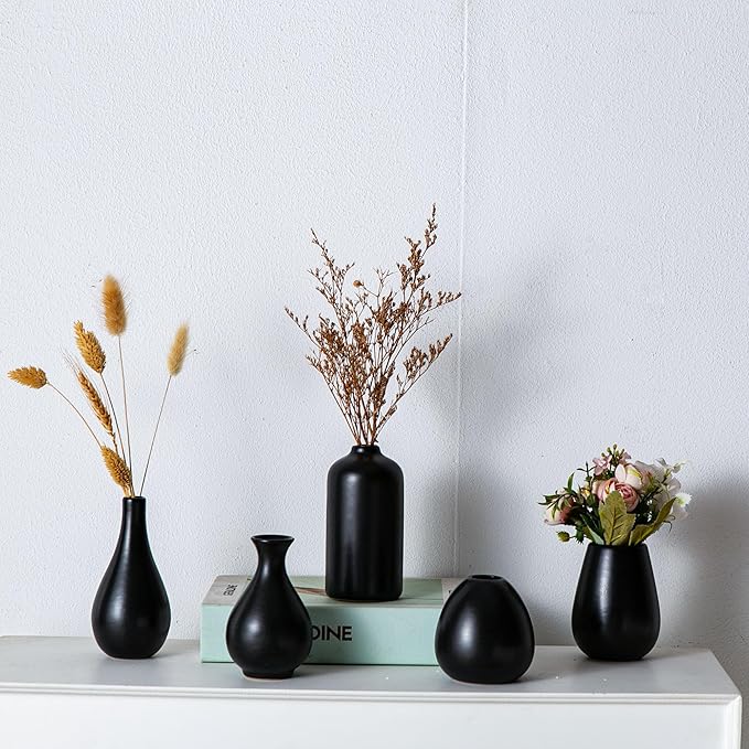 Tanvecle Black Ceramic Bud Vase Set of 11, Small Vases for Pampas Grass, Flowers, Mini Vases for Modern Home Decor, Minimalist Decor, for Living Room, Dining Table & Shelves