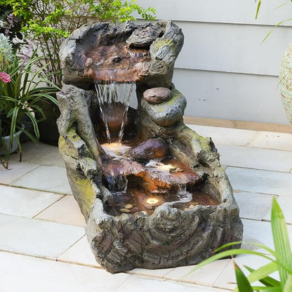 23.62" L Outdoor Water Fountain with 3 Tiers Cascading Realistic Tree Trunk Waterfall Fountains with LED Lights Outdoor Water Fountain for Garden Patio Backyard Porch Home Decor
