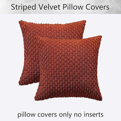 Kevin Textile Fall Pack of 2 Corduroy Decorative Throw Pillow Covers 22x22 Inch Soft Boho Striped Pillow Covers Modern Farmhouse Home Decor for Spring Sofa Living Room Couch Bed Burnt Brick