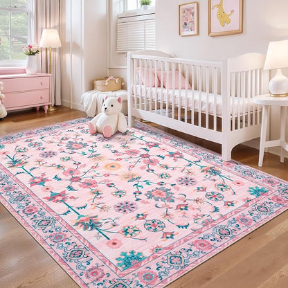 Tangsoo Pink Rug for Bedroom Girl Nursery 5x7, Washable Non Slip Cute Floral Rug for College, Soft Low Pile Carpet for Living Room Teen Coquette Room Loveshackfancy Decor Alfombra Kids Baby Playroom