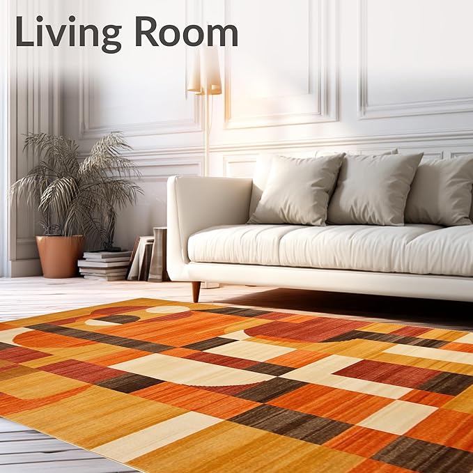 Flatwoven High Traffic Area Rug 5x7, Orange Rust Copper Abstract Geometric Shape, Non Slip, Stain Resistant, Washable Area Rugs for Living Room, Bedroom (Orange, 5x7)