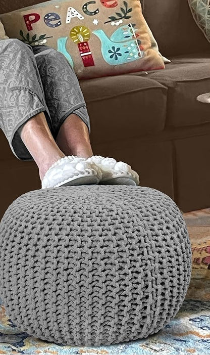 COTTON CRAFT Round Dori Pouf - Cotton Braid Cord Cable Knitted Ottoman - Foot Stool - Footrest - Floor Pouf - Woven Ottoman - Bean Bag - Living Room Dorm - 20 inches Diameter x 14 Height - Light Grey