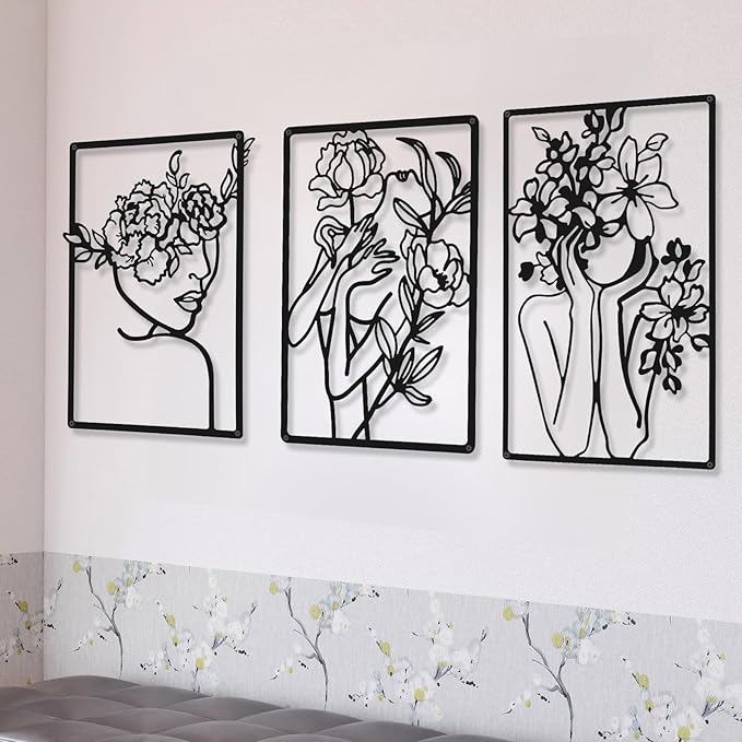 CHENGU 3 Pieces Metal Minimalist Abstract Woman Wall Art Line Drawing Wall Art Decor Single Line Female Home Hanging for Kitchen Bathroom Living Room