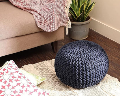 REDEARTH · Round Pouf Foot Stool Bean Bag Ottoman - Cable Knitted Cord Boho Pouffe - Poof Accent Bean Bag - Handmade by Artisans for Living Room - Bedroom (19.5"x19.5"x14") - Navy Blue